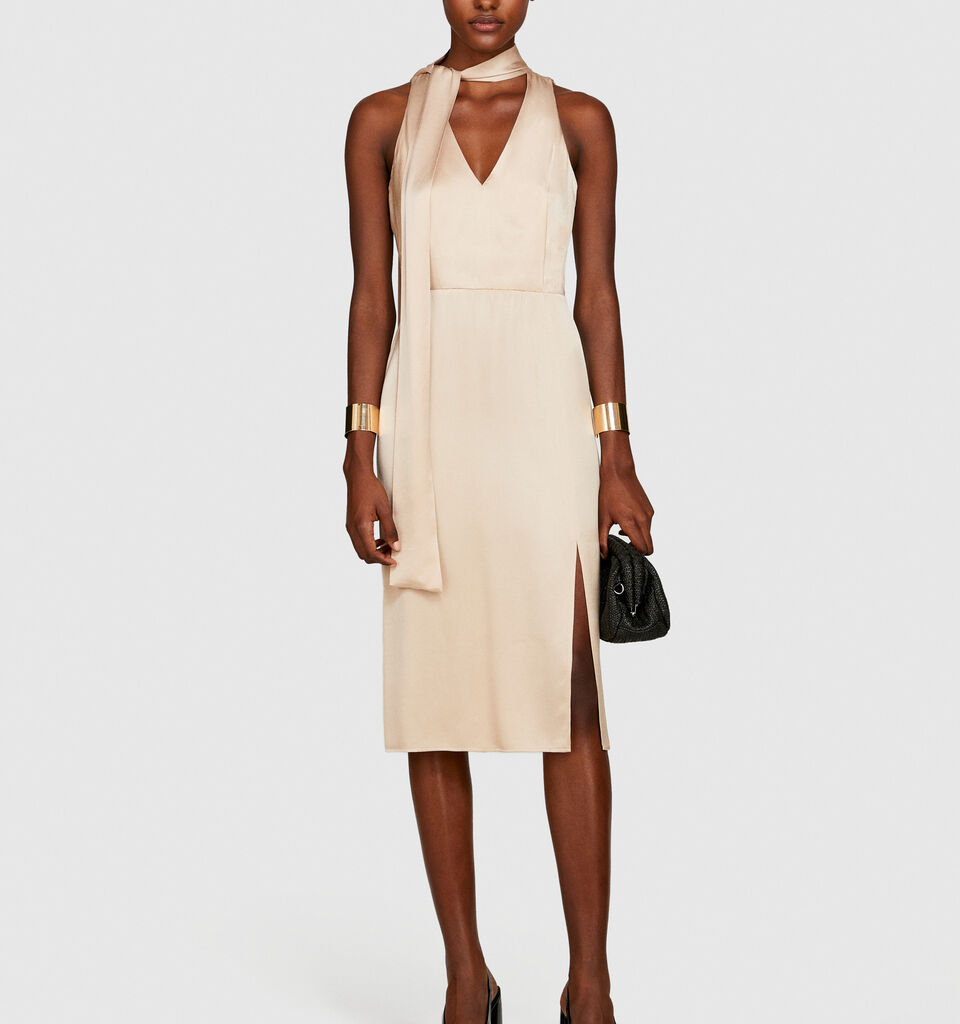 Satin dress with scarf - women's midi dresses - Nude | Sisley image number 1
